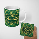 Personalized Custom Name Green Yellow Fluid Marble Abstract Swirl Seamless Pattern Custom 11oz Ceramic Coffee Tea Mug White Large Handle