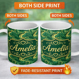 Personalized Custom Name Green Yellow Fluid Marble Abstract Swirl Seamless Pattern Custom 11oz Ceramic Coffee Tea Mug White Large Handle