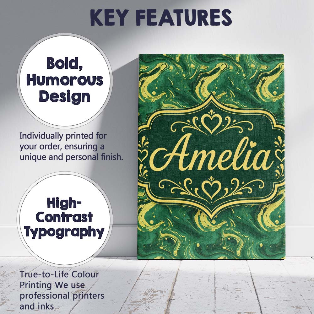 Personalised Name Green Yellow Fluid Marble Custom  Bespoke Interior Contemporary Canvas Wall Art Print Decor Picture Ready to Hang