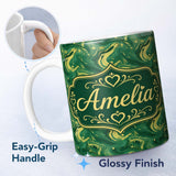 Personalized Custom Name Green Yellow Fluid Marble Abstract Swirl Seamless Pattern Custom 11oz Ceramic Coffee Tea Mug White Large Handle