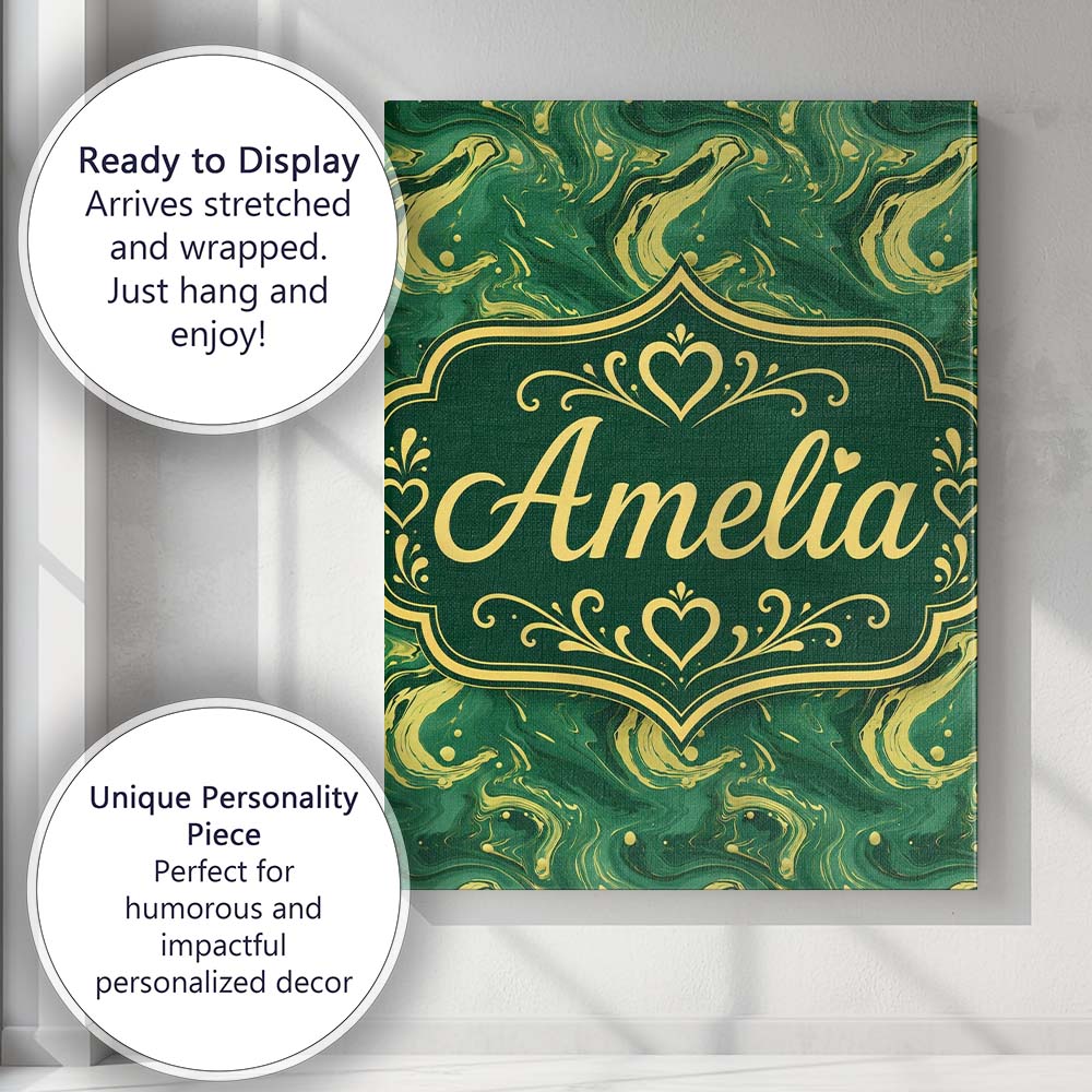 Personalised Name Green Yellow Fluid Marble Custom  Bespoke Interior Contemporary Canvas Wall Art Print Decor Picture Ready to Hang
