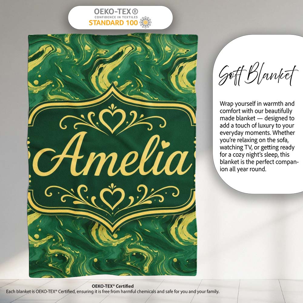 Green Yellow Fluid Marble Abstract Swirl Seamless Pattern Custom  Personalised Custom Name Super Soft Fleece Blanket Bed Sofa Throw