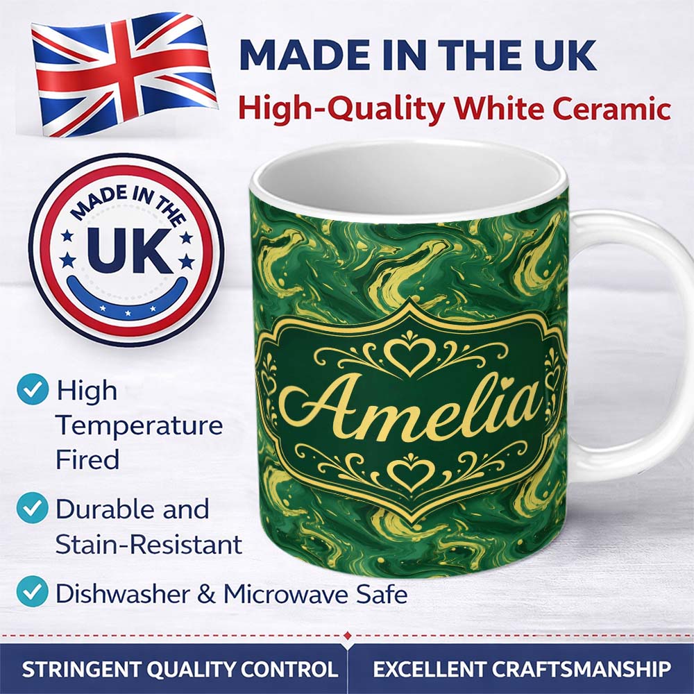 Personalized Custom Name Green Yellow Fluid Marble Abstract Swirl Seamless Pattern Custom 11oz Ceramic Coffee Tea Mug White Large Handle