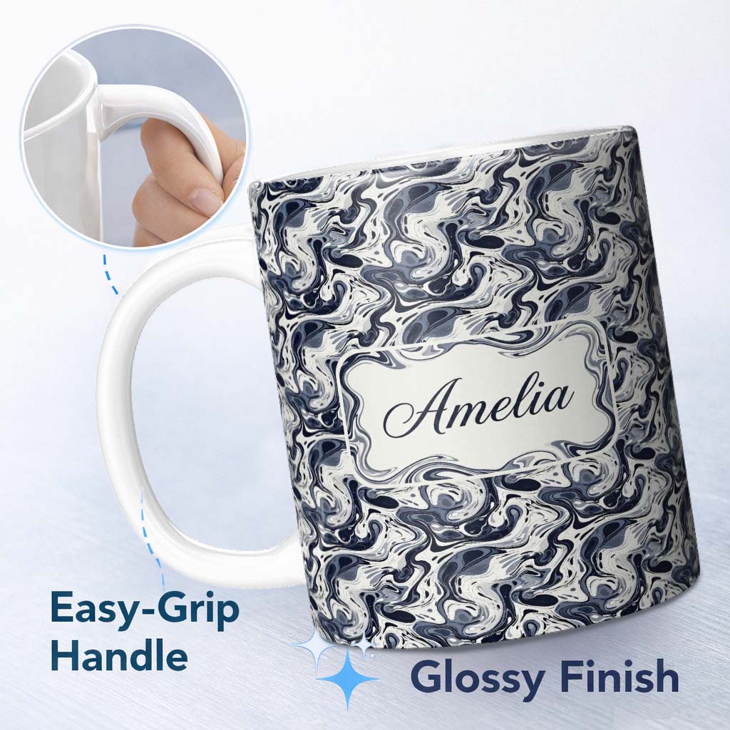 Personalized Custom Name Grey Black Fluid Marble Abstract Swirl Seamless Pattern Name Cute 11oz Ceramic Coffee Tea Mug White Large Handle
