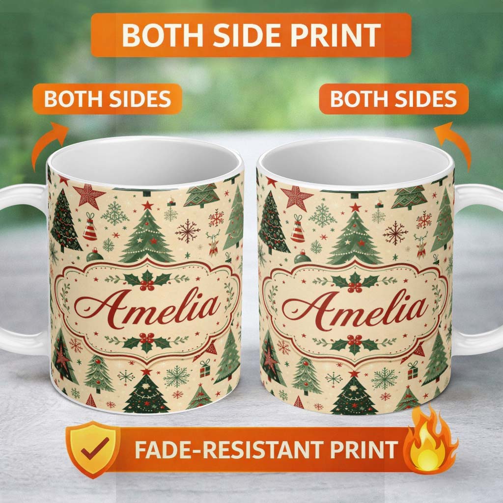 Personalized Custom Name Christmas Trees Stars Snowflakes Holiday Seamless Pattern Lovely 11oz Ceramic Coffee Tea Mug White Large Handle