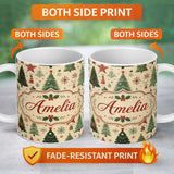 Personalized Custom Name Christmas Trees Stars Snowflakes Holiday Seamless Pattern Lovely 11oz Ceramic Coffee Tea Mug White Large Handle