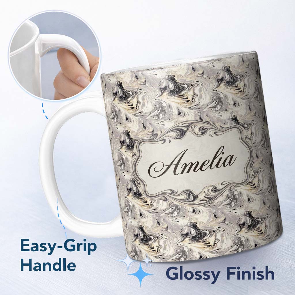 Personalized Custom Name Neutral Beige Black Fluid Marble Abstract Swirl Seamless Pattern 11oz Ceramic Coffee Tea Mug White Large Handle