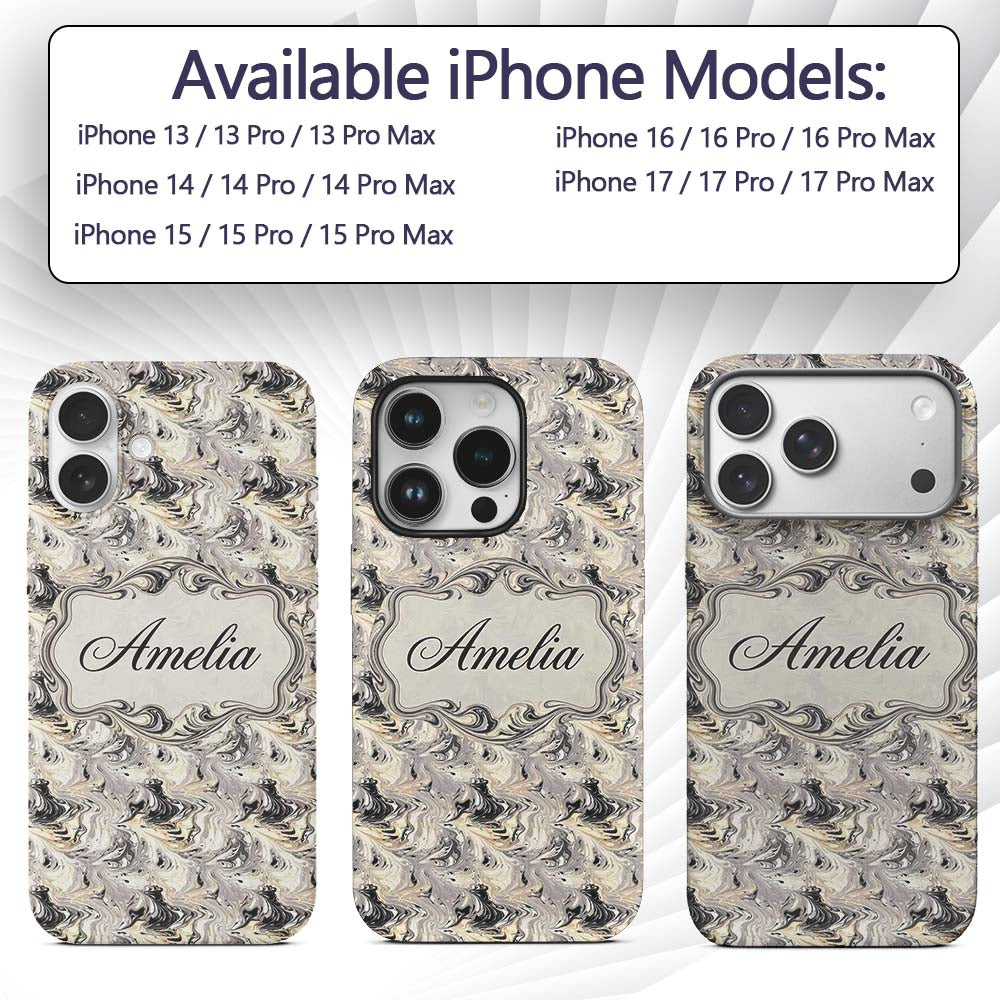 Neutral Beige Black Fluid Marble Abstract Swirl Custom Name Protective Phone Case Mobile Cover Durable Everyday Smartphone Shock Resistant