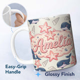 Personalized Custom Name Cute Kawaii Whale Starfish Seashell Ocean Animals Beige Background 11oz Ceramic Coffee Tea Mug White Large Handle