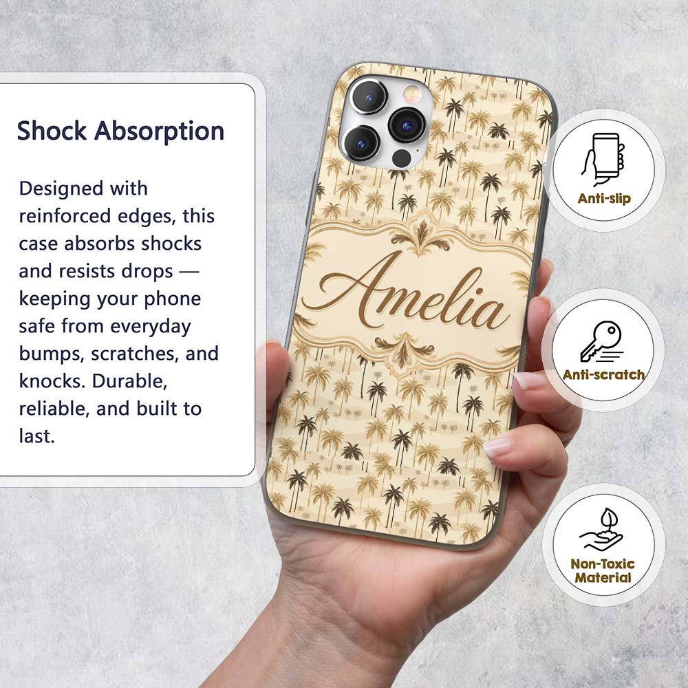 Vintage Palm Trees Desert Beige Tropical Seamless Custom Name Protective Phone Case Mobile Cover Durable Everyday Smartphone Shock Resistant