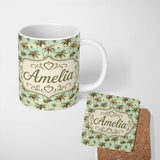 Personalized Custom Name Tropical Palm Trees Ocean Sky Vintage Seamless Pattern Name Cute 11oz Ceramic Coffee Tea Mug White Large Handle