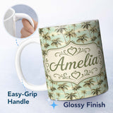 Personalized Custom Name Tropical Palm Trees Ocean Sky Vintage Seamless Pattern Name Cute 11oz Ceramic Coffee Tea Mug White Large Handle