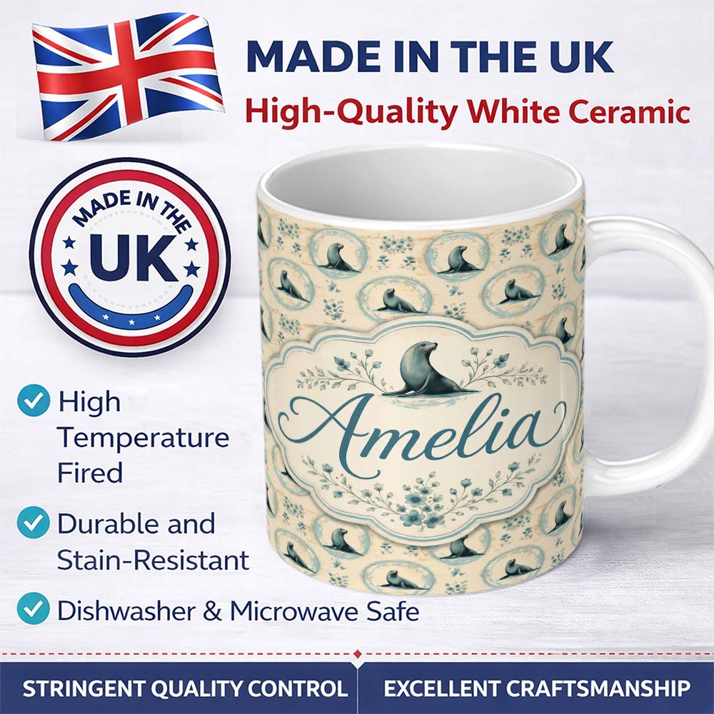 Personalized Custom Name Elegant Seal Cameo Frames with Floral Vintage Beige Seamless Pattern 11oz Ceramic Coffee Tea Mug White Large Handle