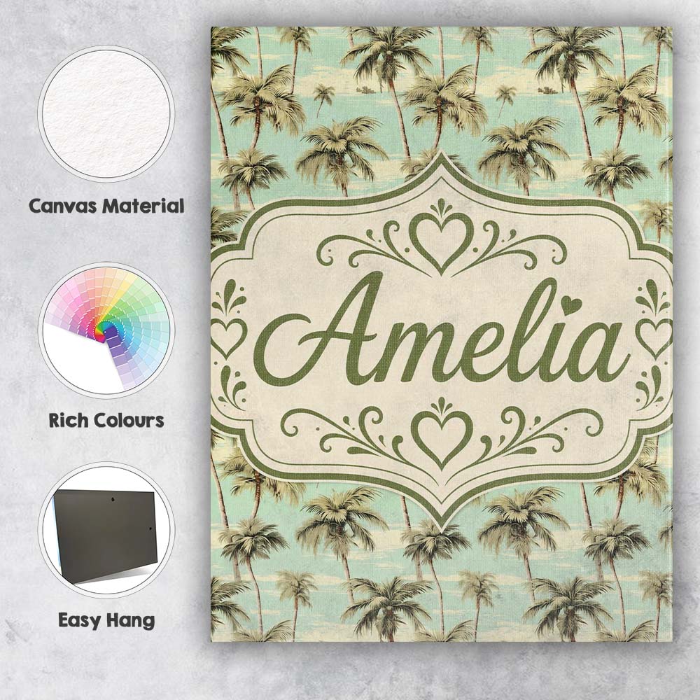 Personalised Name Tropical Palm Trees Ocean Custom  Bespoke Interior Contemporary Canvas Wall Art Print Decor Picture Ready to Hang
