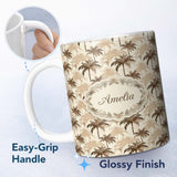 Personalized Custom Name Brown Palm Trees Neutral Background Tropical Seamless Pattern Name 11oz Ceramic Coffee Tea Mug White Large Handle