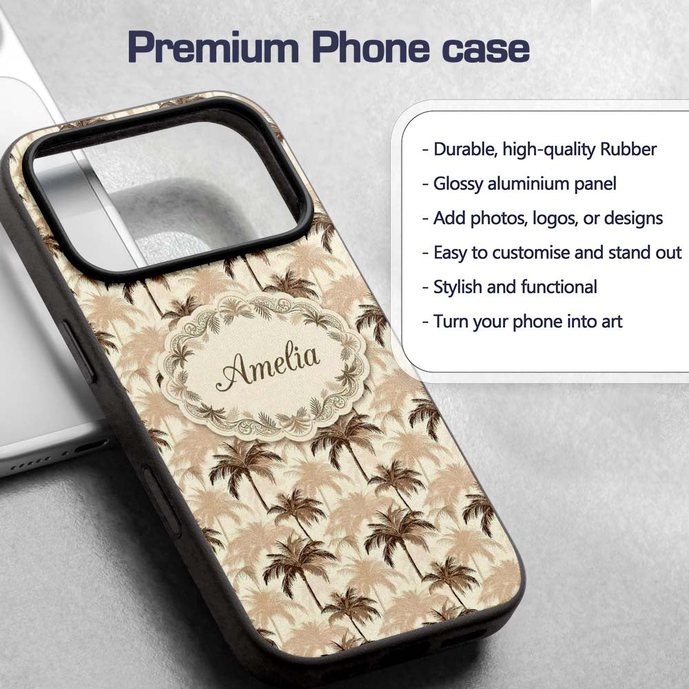 Brown Palm Trees Neutral Background Tropical Custom Name Protective Phone Case Mobile Cover Durable Everyday Smartphone Shock Resistant