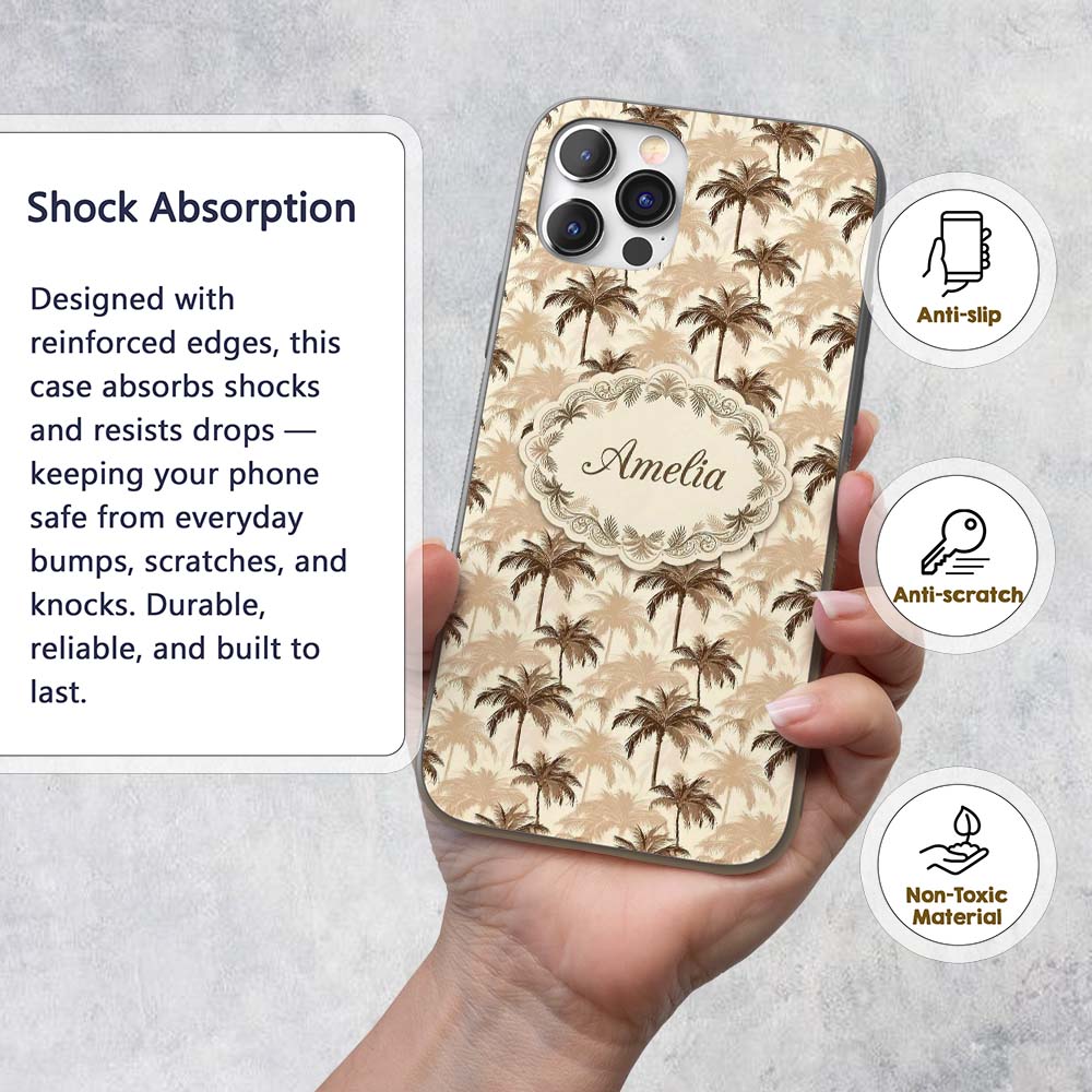 Brown Palm Trees Neutral Background Tropical Custom Name Protective Phone Case Mobile Cover Durable Everyday Smartphone Shock Resistant
