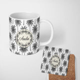 Personalized Custom Name Black White Palm Trees Minimal Tropical Seamless Pattern Name Cute 11oz Ceramic Coffee Tea Mug White Large Handle