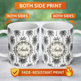 Personalized Custom Name Black White Palm Trees Minimal Tropical Seamless Pattern Name Cute 11oz Ceramic Coffee Tea Mug White Large Handle