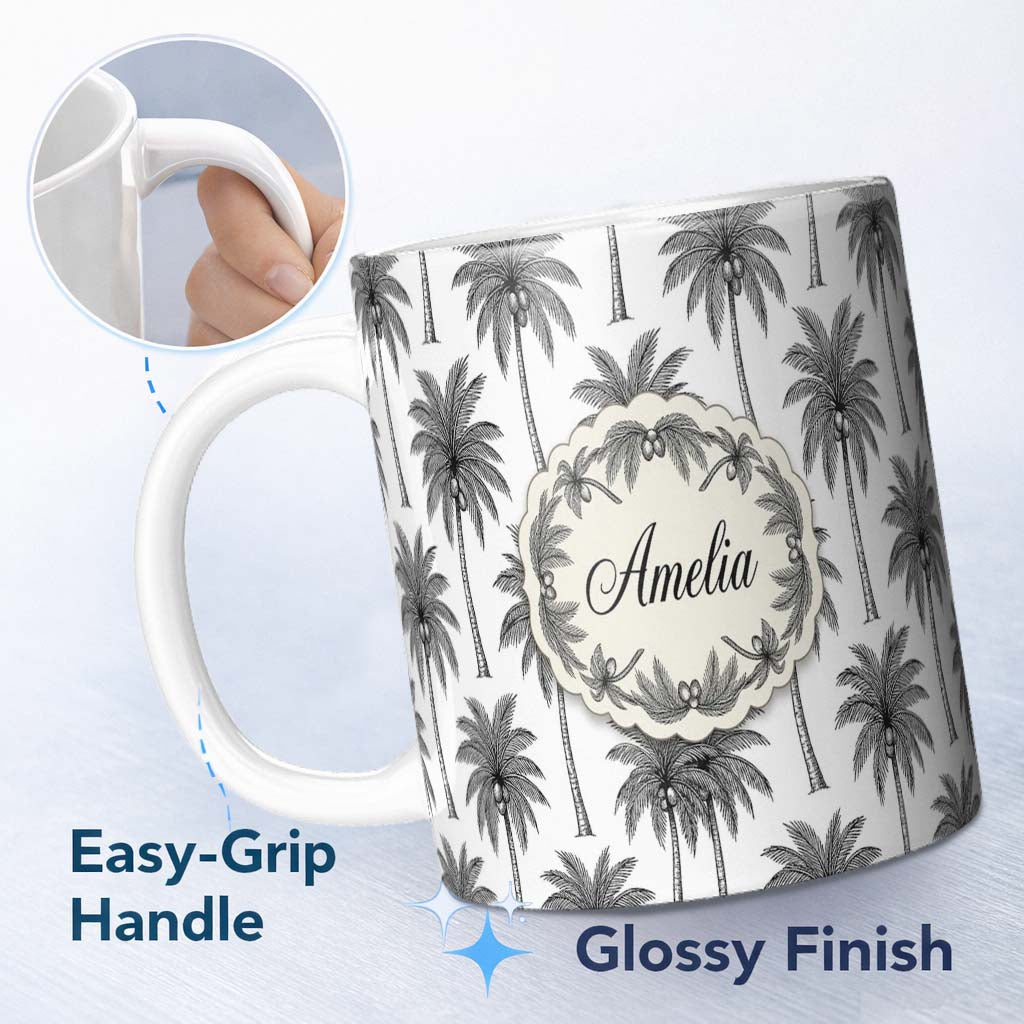 Personalized Custom Name Black White Palm Trees Minimal Tropical Seamless Pattern Name Cute 11oz Ceramic Coffee Tea Mug White Large Handle
