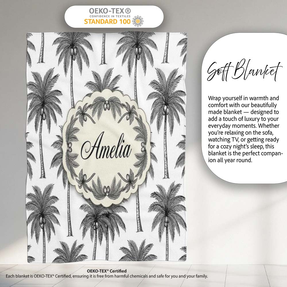 Black White Palm Trees Minimal Tropical Seamless Pattern Name Cute  Personalised Custom Name Super Soft Fleece Blanket Bed Sofa Throw