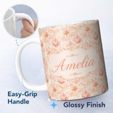 Personalized Custom Name Elegant Floral Botanical with Soft Peach Blossoms and Delicate 11oz Ceramic Coffee Tea Mug White Large Handle