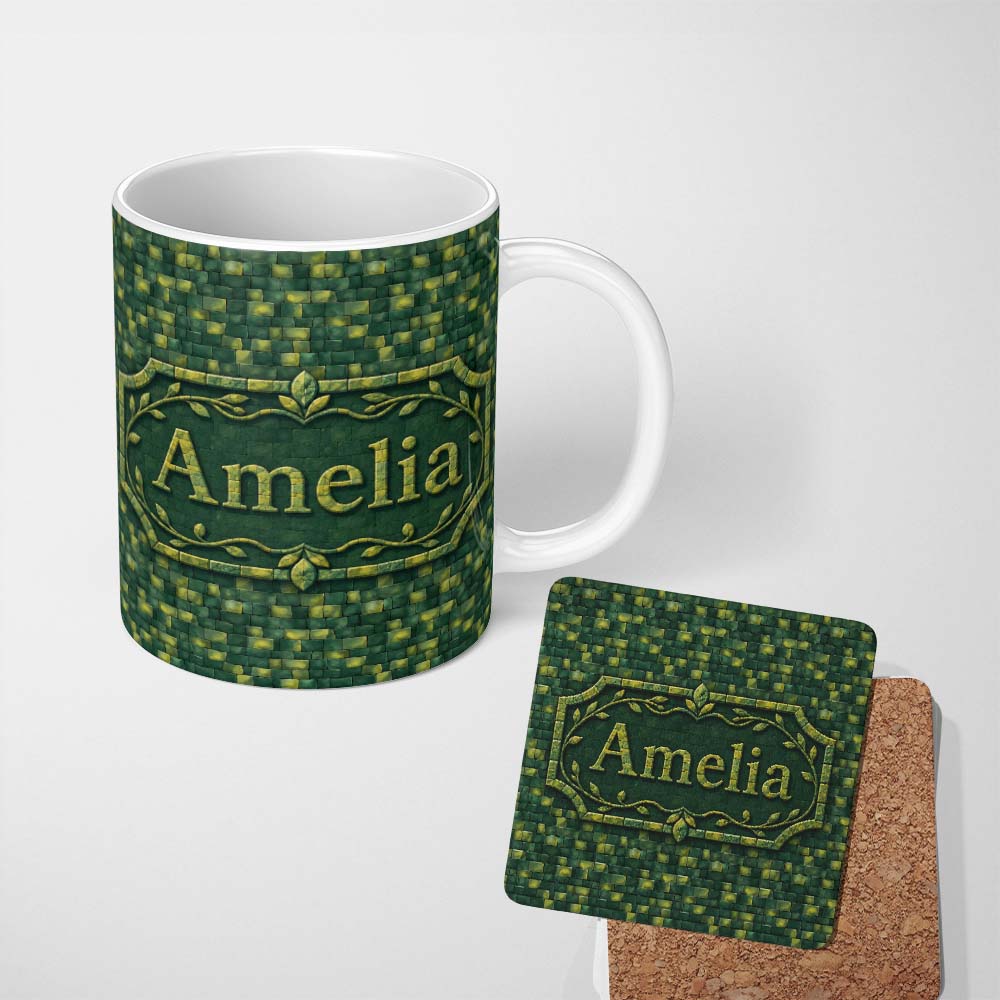 Personalized Custom Name Green Square Tile Mosaic Abstract Seamless Pattern Name Cute Unique 11oz Ceramic Coffee Tea Mug White Large Handle