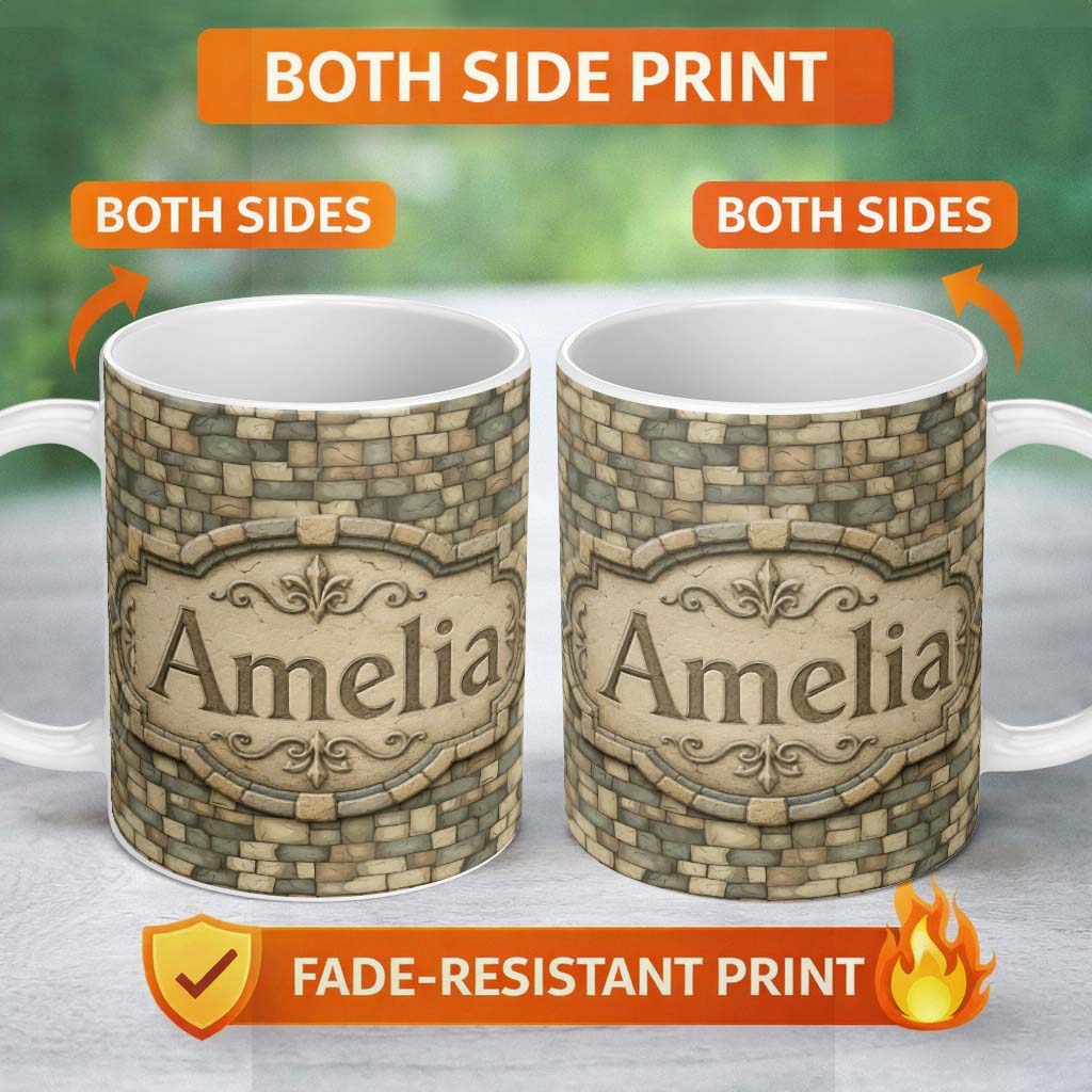 Personalized Custom Name Beige Stone Brick Wall Texture Seamless Pattern Name Cute Unique 11oz Ceramic Coffee Tea Mug White Large Handle
