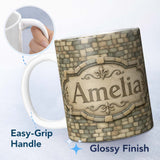 Personalized Custom Name Beige Stone Brick Wall Texture Seamless Pattern Name Cute Unique 11oz Ceramic Coffee Tea Mug White Large Handle