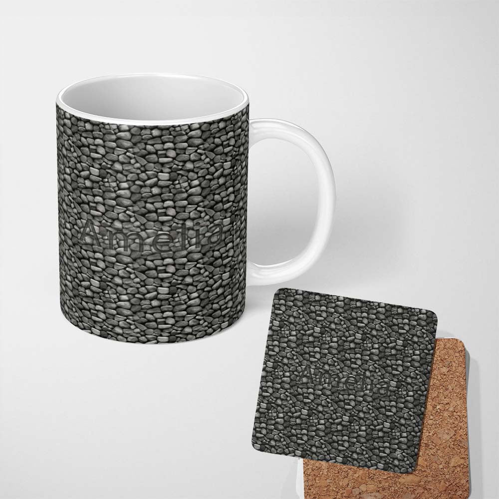 Personalized Custom Name Grey Stone Pebble Rock Texture Seamless Pattern Name Cute Unique 11oz Ceramic Coffee Tea Mug White Large Handle