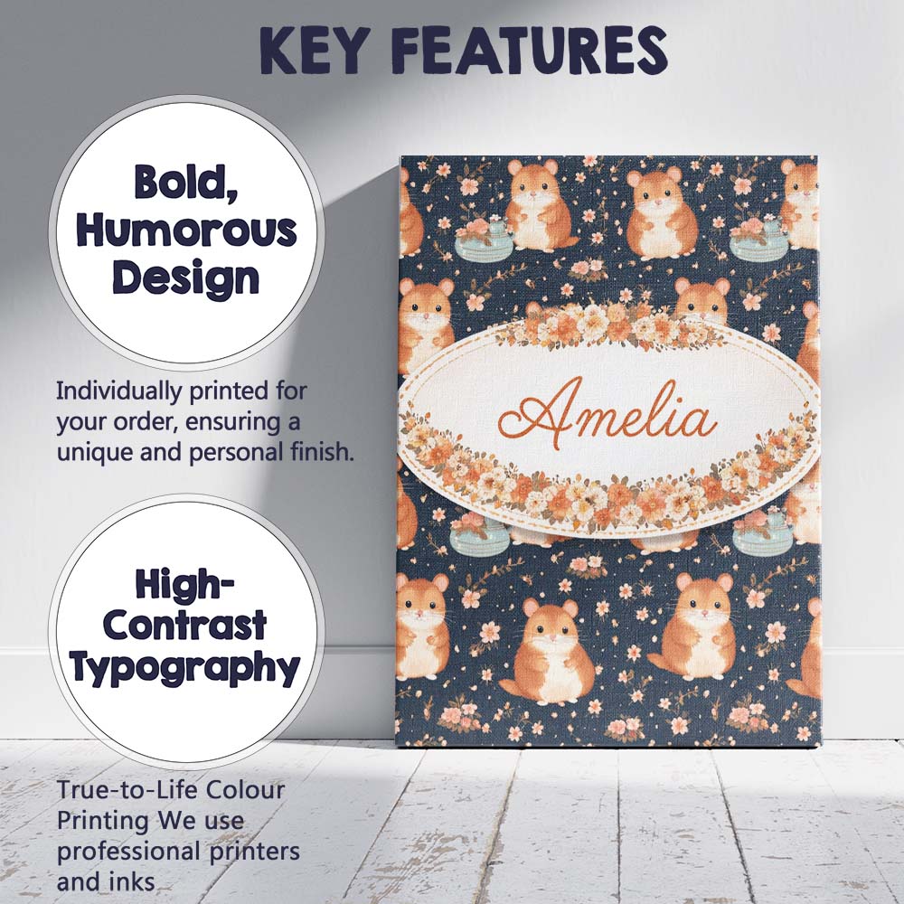 Personalised Name Cute Hamster Floral Teapot Seamless Pattern Custom Contemporary Display Canvas Wall Art Print Decor Picture Ready to Hang