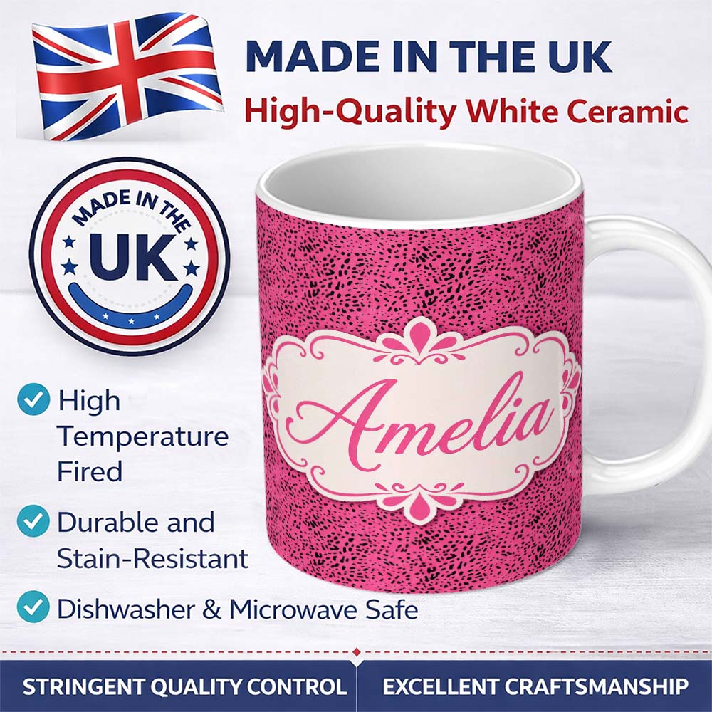 Personalized Custom Name Soft Blush Pink Abstract Dotted Texture Seamless Pattern Lovely 11oz Ceramic Coffee Tea Mug White Large Handle