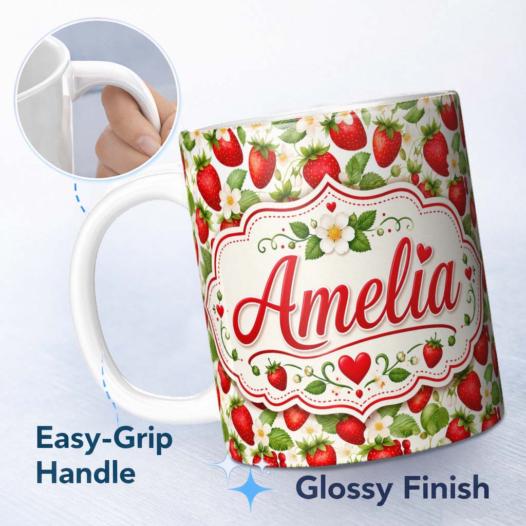 Personalized Custom Name Fresh Red Strawberries White Blossom Seamless Pattern Name Cute 11oz Ceramic Coffee Tea Mug White Large Handle