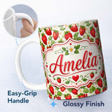 Personalized Custom Name Fresh Red Strawberries White Blossom Seamless Pattern Name Cute 11oz Ceramic Coffee Tea Mug White Large Handle