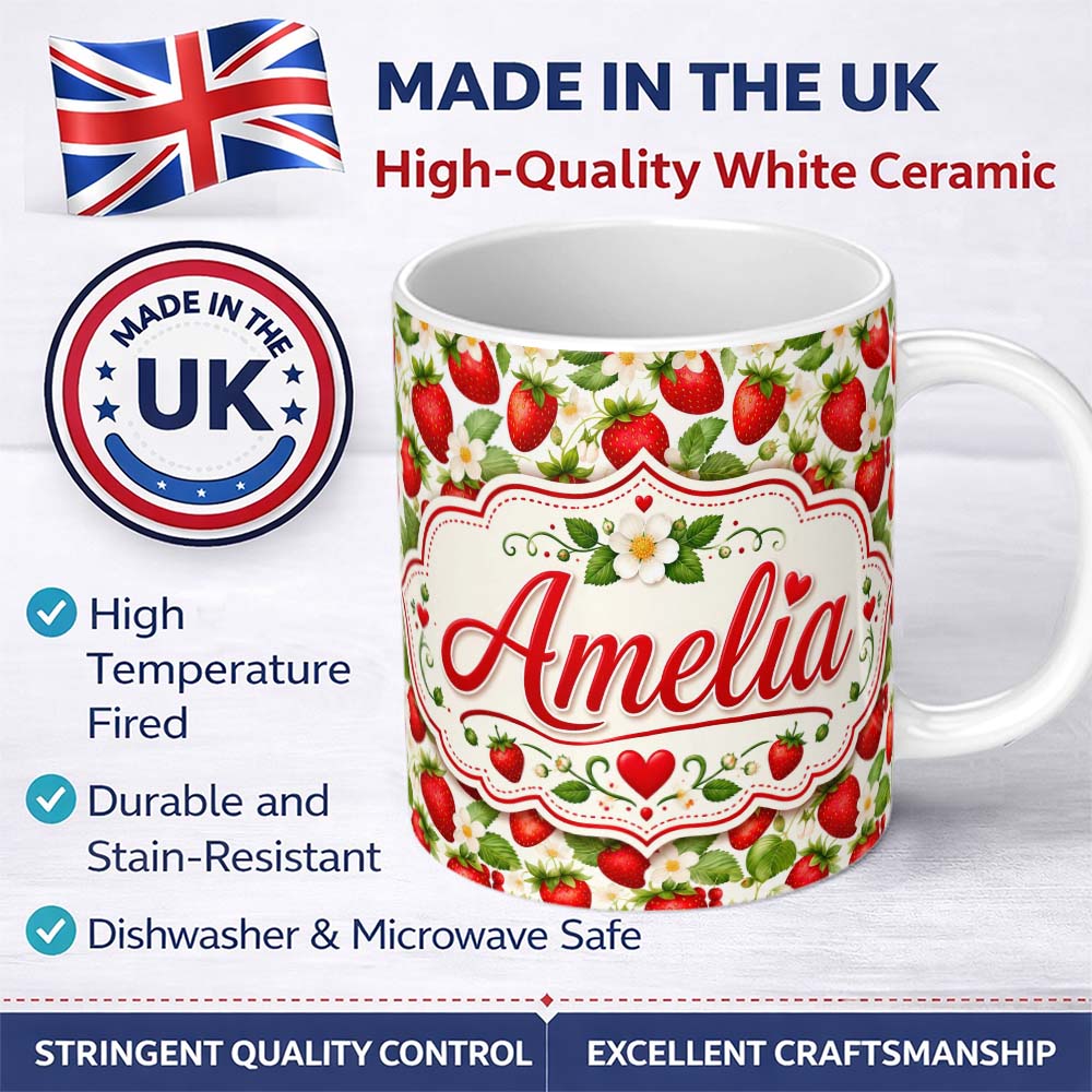 Personalized Custom Name Fresh Red Strawberries White Blossom Seamless Pattern Name Cute 11oz Ceramic Coffee Tea Mug White Large Handle