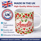 Personalized Custom Name Fresh Red Strawberries White Blossom Seamless Pattern Name Cute 11oz Ceramic Coffee Tea Mug White Large Handle