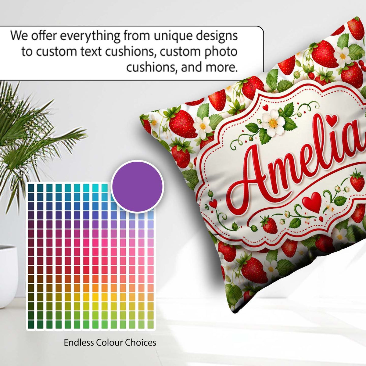 Custom Name Fresh Red White Blossom Seamless Pattern Name Cute Square Filled Cushion Throw Pillow Sofa Bed Home Decor Zip Washable UK Made