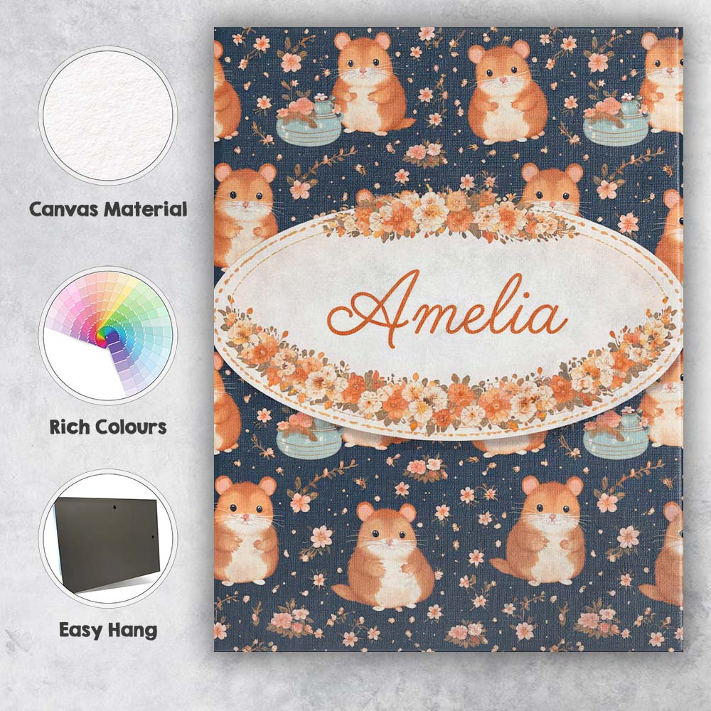 Personalised Name Cute Hamster Floral Teapot Seamless Pattern Custom Contemporary Display Canvas Wall Art Print Decor Picture Ready to Hang