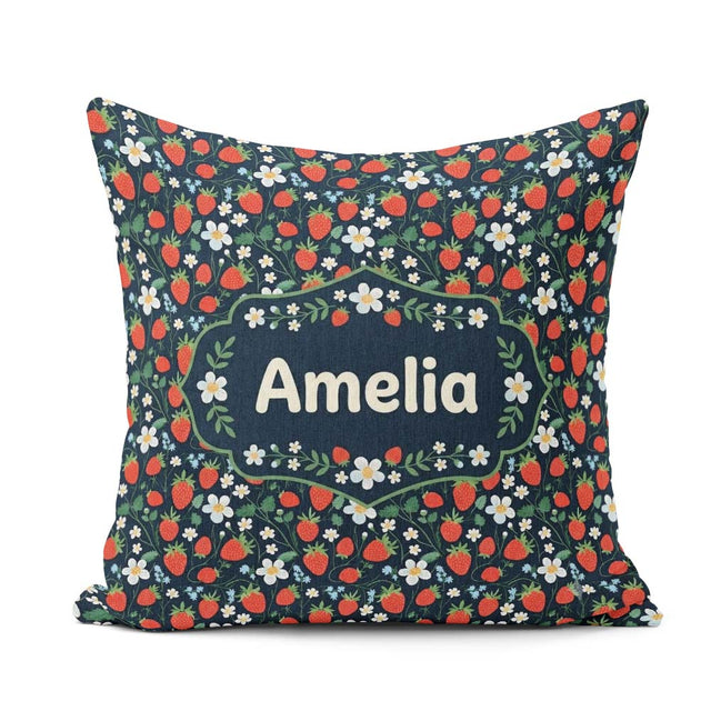 Custom Name Wild Strawberry Floral Navy Background Seamless Name Square Filled Cushion Throw Pillow Sofa Bed Home Decor Zip Washable UK Made