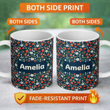 Personalized Custom Name Wild Strawberry Floral Navy Background Seamless Pattern Name Cute 11oz Ceramic Coffee Tea Mug White Large Handle