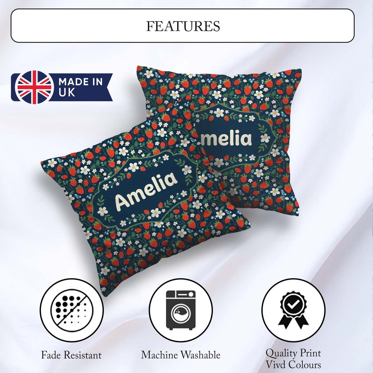 Custom Name Wild Strawberry Floral Navy Background Seamless Name Square Filled Cushion Throw Pillow Sofa Bed Home Decor Zip Washable UK Made