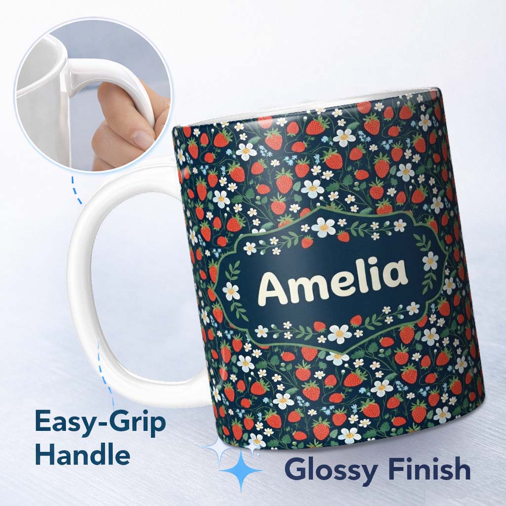 Personalized Custom Name Wild Strawberry Floral Navy Background Seamless Pattern Name Cute 11oz Ceramic Coffee Tea Mug White Large Handle