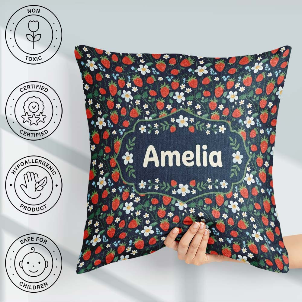 Custom Name Wild Strawberry Floral Navy Background Seamless Name Square Filled Cushion Throw Pillow Sofa Bed Home Decor Zip Washable UK Made