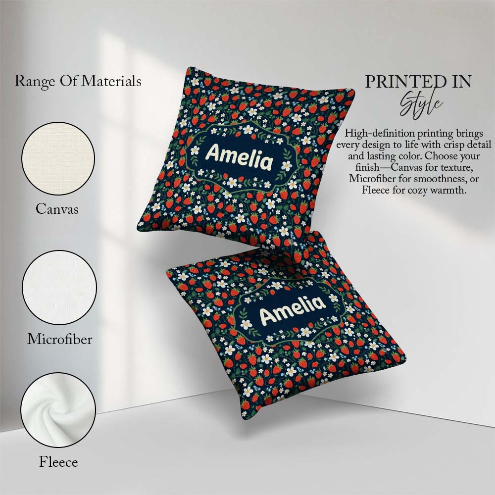 Custom Name Wild Strawberry Floral Navy Background Seamless Name Square Filled Cushion Throw Pillow Sofa Bed Home Decor Zip Washable UK Made