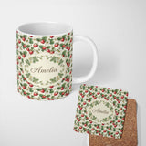 Personalized Custom Name Vintage Strawberry Botanical Cream Background Seamless Pattern Name 11oz Ceramic Coffee Tea Mug White Large Handle