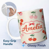 Personalized Custom Name Cherry Fruit Blue Gingham Picnic Check Seamless Pattern Lovely 11oz Ceramic Coffee Tea Mug White Large Handle