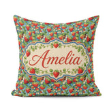 Custom Name Juicy Strawberry Vine Blue Background Seamless Name Square Filled Cushion Throw Pillow Sofa Bed Home Decor Zip Washable UK Made