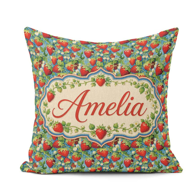 Custom Name Juicy Strawberry Vine Blue Background Seamless Name Square Filled Cushion Throw Pillow Sofa Bed Home Decor Zip Washable UK Made