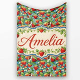 Juicy Strawberry Vine Blue Background Seamless Pattern Name Cute  Personalised Custom Name Super Soft Fleece Blanket Bed Sofa Throw