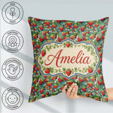 Custom Name Juicy Strawberry Vine Blue Background Seamless Name Square Filled Cushion Throw Pillow Sofa Bed Home Decor Zip Washable UK Made